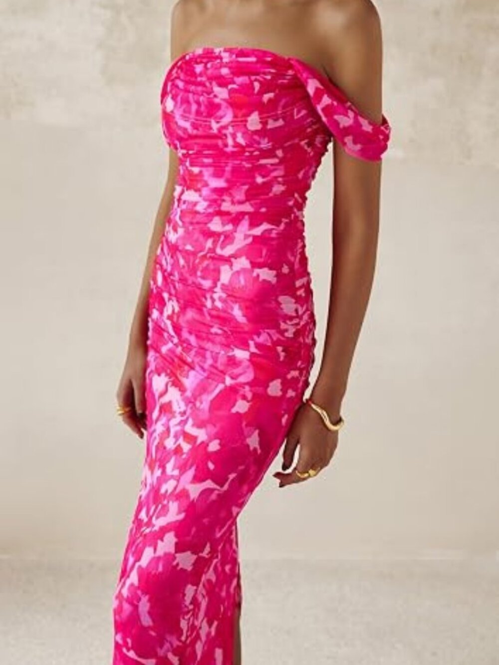 PrettyGarden Women's Rose Red Floral Ruched Mesh Elegant Maxi Dress Size-XXL